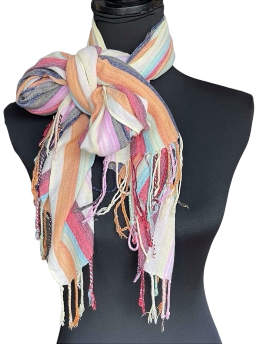 Romano Multi-Colour Stripe Rectangular Fringe Scarf (24"x64")